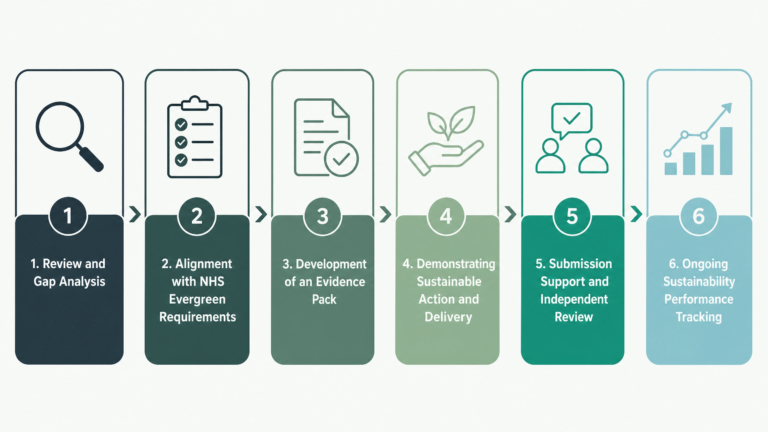 Six-step process infographic for NHS Evergreen alignment, from gap analysis to ongoing performance tracking.